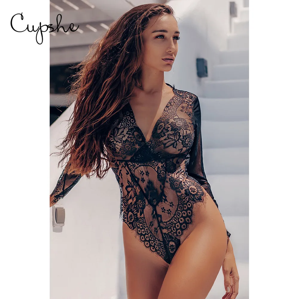 CUPSHE женское нижнее белье однотонный черный сетчатый кружевной цельный