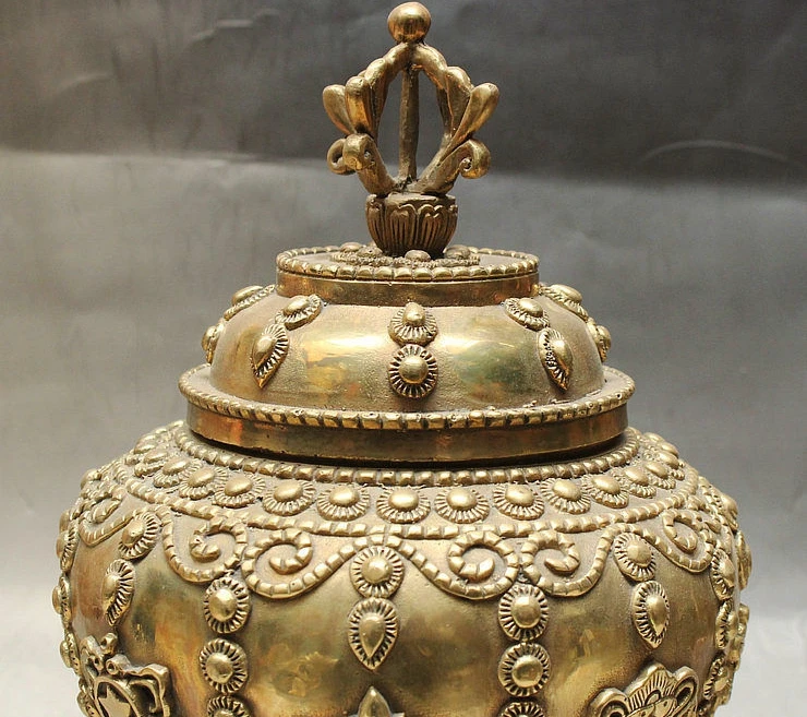 12 &quotТибет Буддизм Храм Латунь 8 Благоприятный Символ Статуя Ваджра Горшок Jar Крок