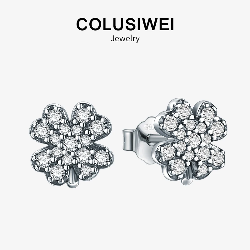 

Colusiwei Luxury Exquisite CZ Jewelry Genuine 925 Sterling Silver Four Leaf Clover Charm Flower Stud Earrings For Women Gift