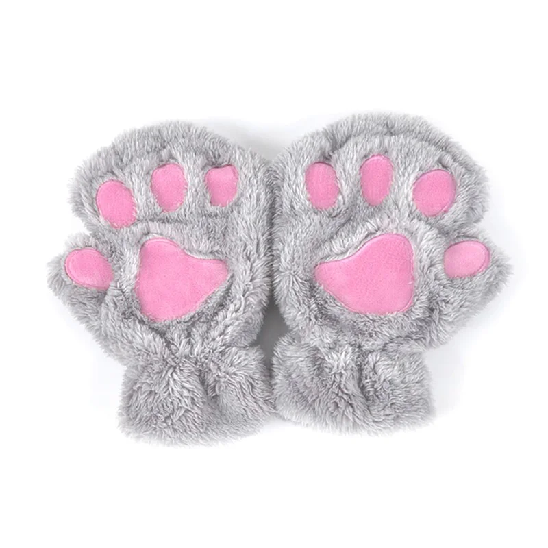 Light Gray Зимние женские милые плюшевые рукавицы с кошачьей лапой, короткие перчатки без пальцев - Цвет: Light Gray