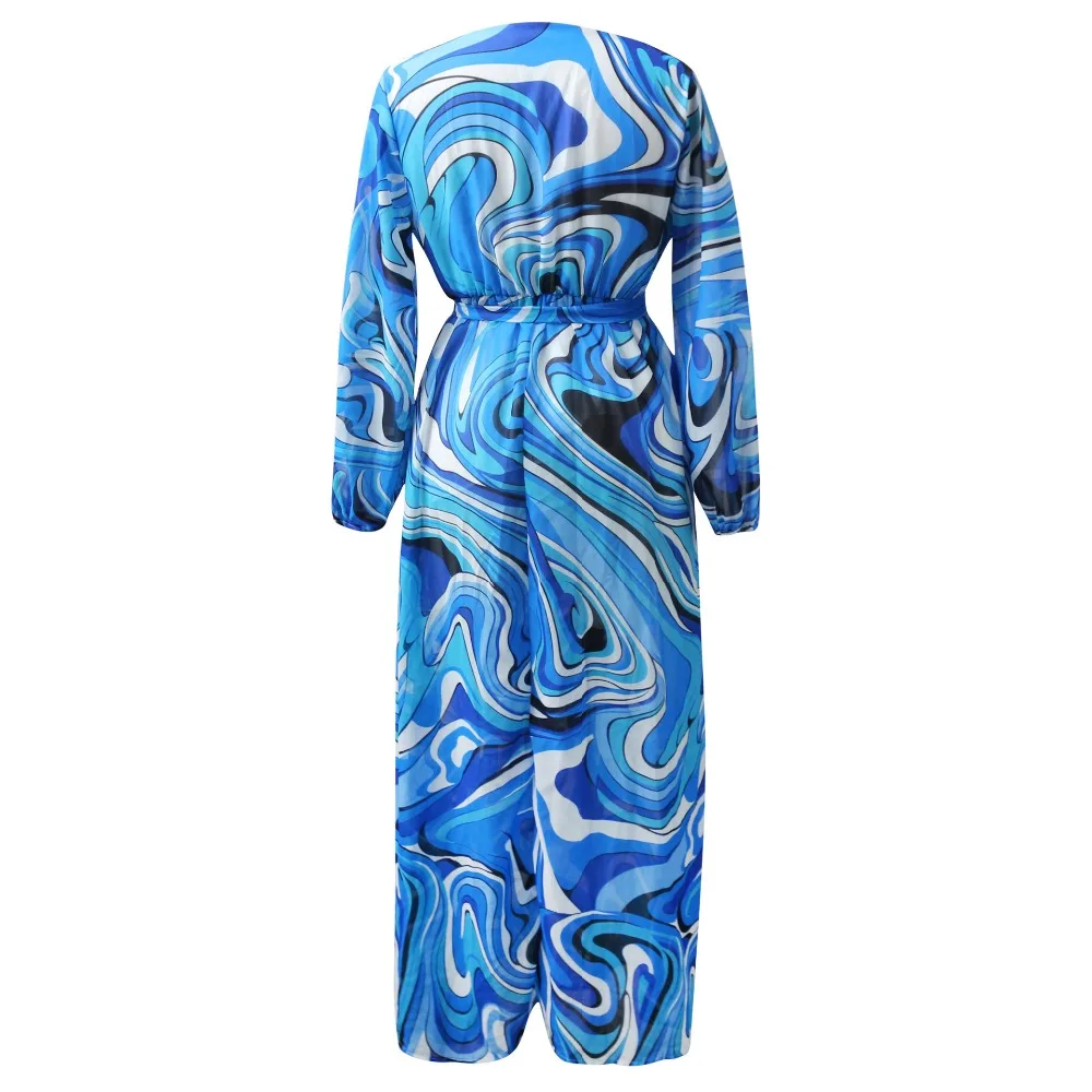 Длинное платье в стиле бохо с длинным рукавом и глубоким V-образным вырезом