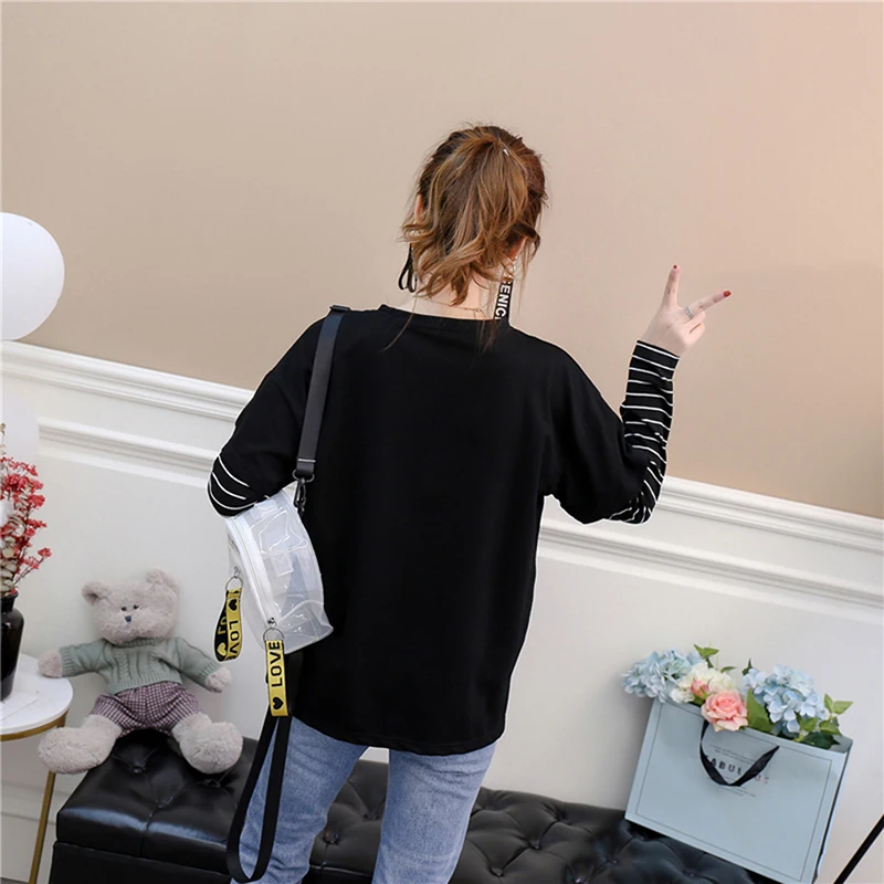 Новый модный пэчворк в полоску рукавом поддельные два женские топы Демисезонный