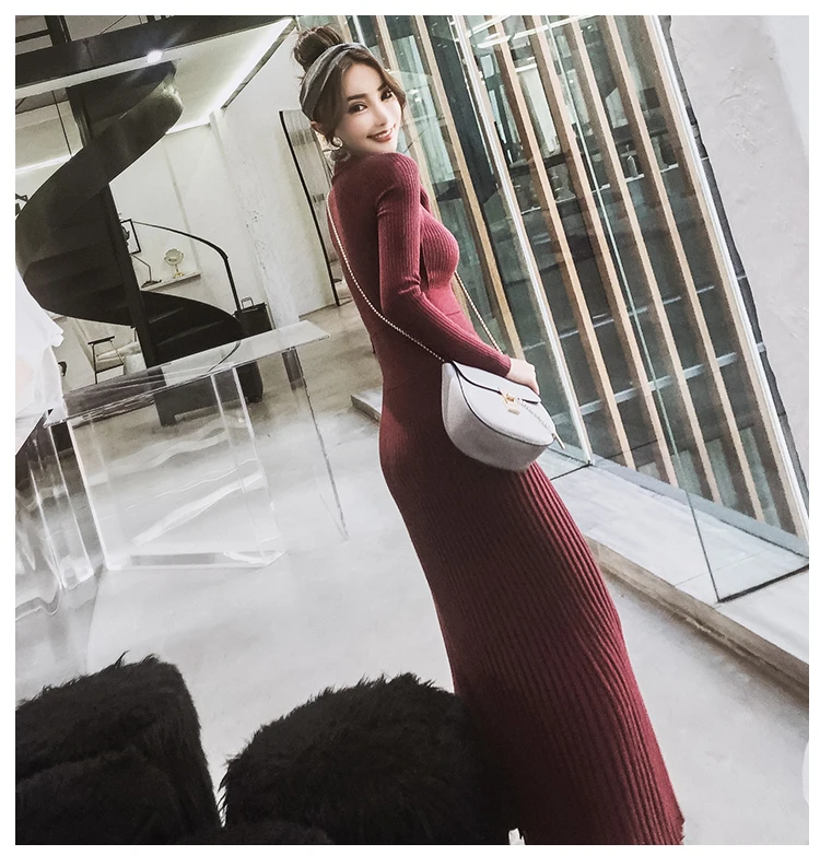 Winter autumn high quality Women Long Knitted Dress Sexy vestidos Back Slim Sweater Dress Fit And Flare Thicken Warm Dress