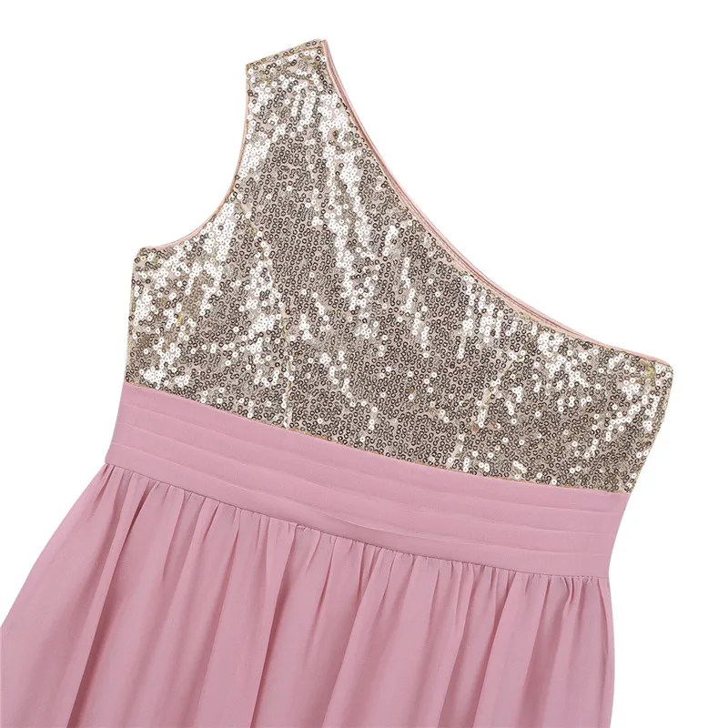 Детское шифоновое платье на одно плечо с блестками и цветком для девочки