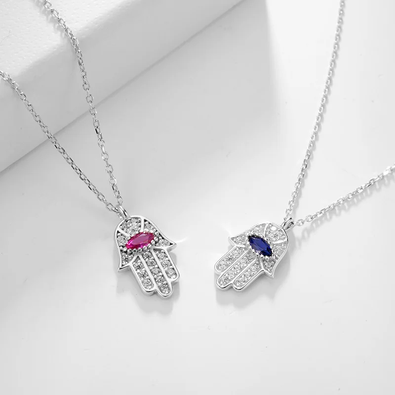 Boho, голубой глаз, настоящее 925 пробы, серебро, циркон, Хамса, рука Фатимы, ожерелье, леди, кристалл, кулон, ювелирное изделие, колье, винтажное ожерелье