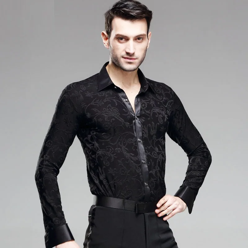 Men's Dancing Shirt Adult Black Long Sleeved Male Dance Modern Latin Costume Rumba Samba B-4236 | Тематическая одежда и