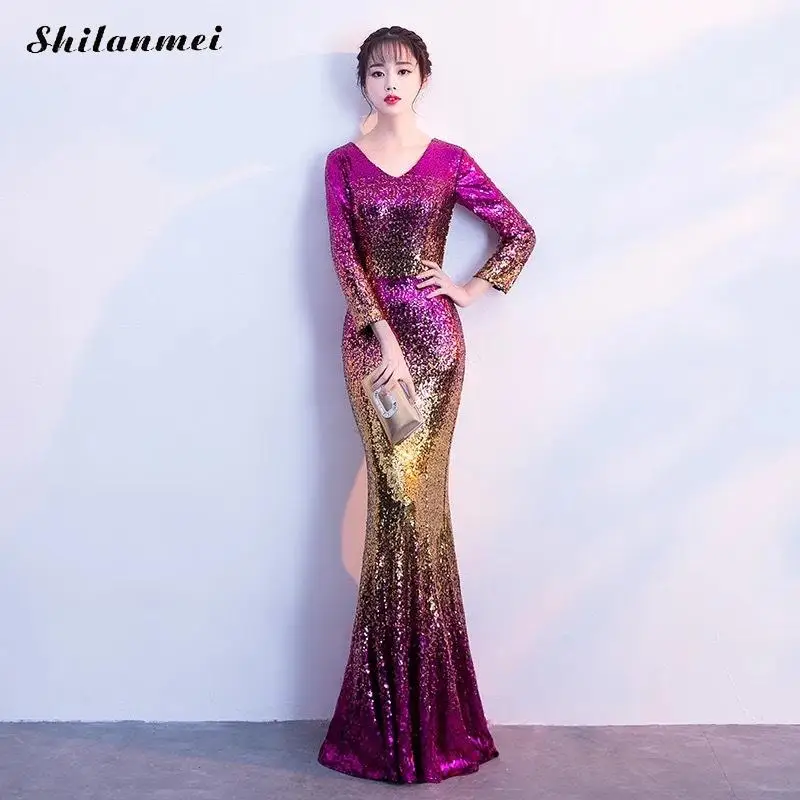 Женское длинное платье в пол с блестками облегающее вечернее длинным рукавом