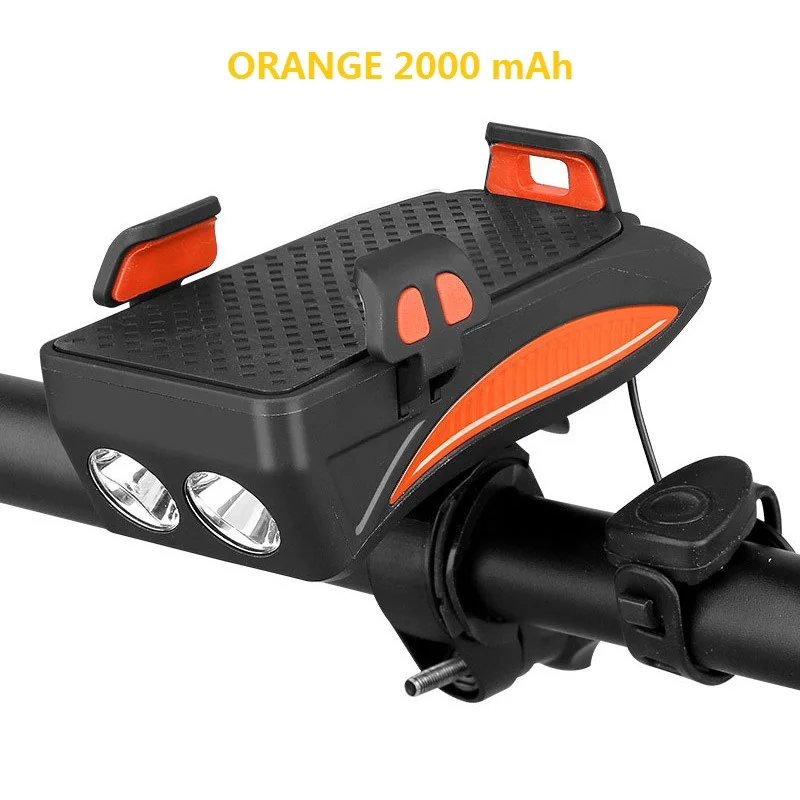 ORANGE 2000MAH Многофункциональный велосипедный фонарь с держателем для телефона, велосипедная лампа с динамиком, крепитель для смартфона, подставка 2000/4000 мАч, внешний аккумулятор, Передний фонарь - Цвет: ORANGE 2000MAH