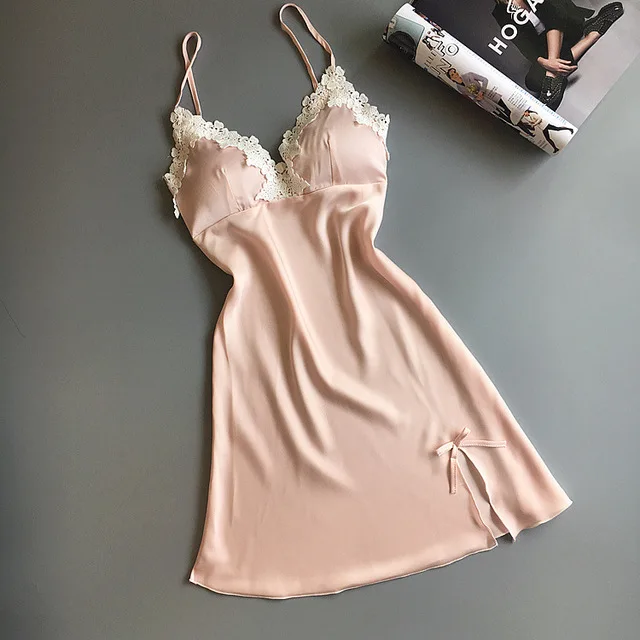 pink Для женщин ночные рубашки трусы сексуальный кружева ночь шелка платье v-образным вырезом пижамы с груди площадку белье домашняя одежда без рукавов пижама единорог пижама женская халат кигуруми единорог ночнушка халат ж - Цвет: pink