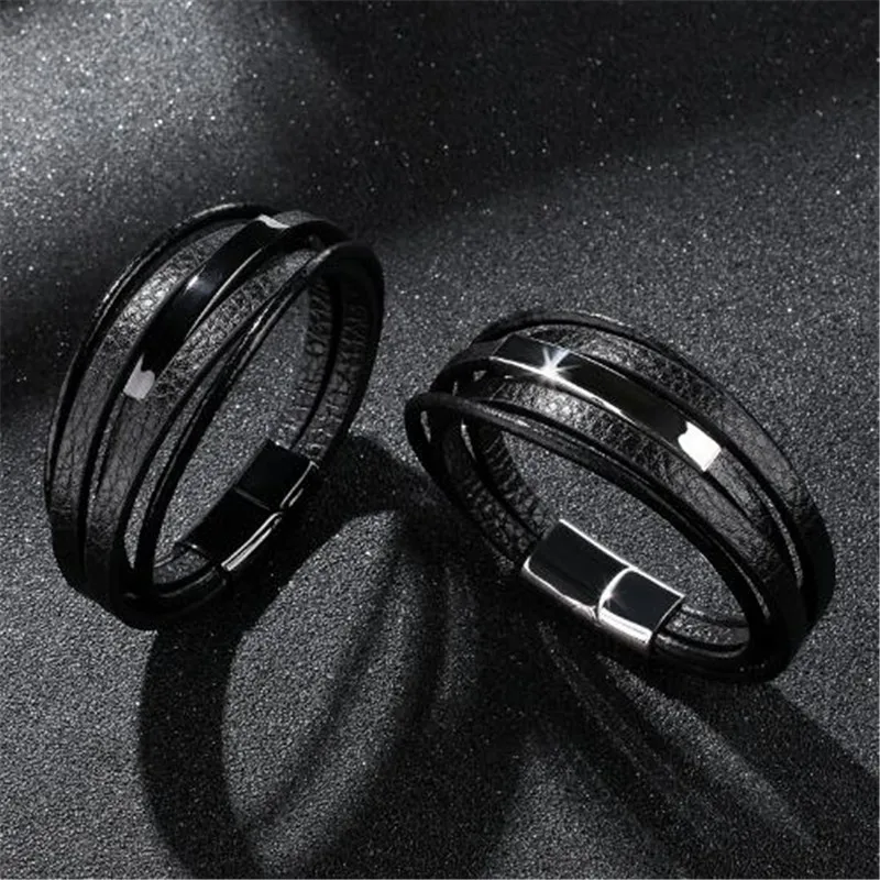 Мужской браслет модный Многослойный кожаный из нержавеющей стали для отдыха