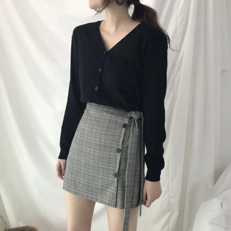 Винтажная клетчатая Женская мини юбка на шнуровке повседневная однобортная