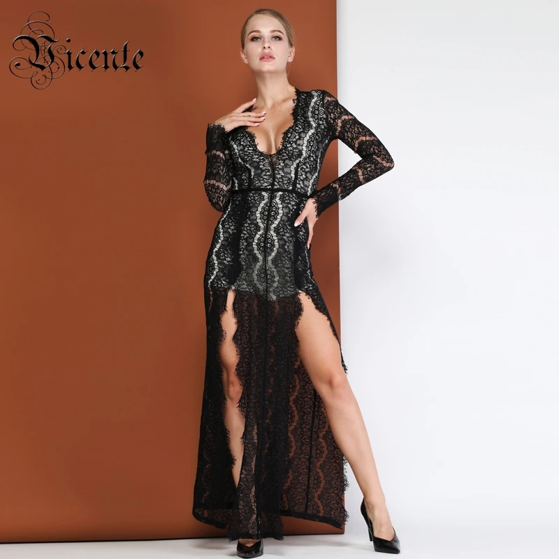 Черное Кружевное длинное платье с глубоким v-образным вырезом и длинными