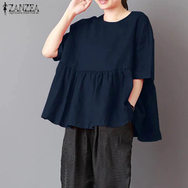 Plus Size ZANZEA Women O Neck Pleated Short Sleeve Tops Loose Baggy Blusas Solid Summer Cotton Linen Blouse Work OL Shirt 2018 |