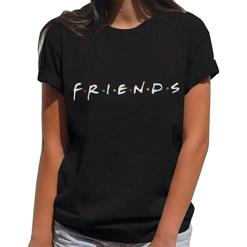 Женские повседневные Летние футболки с буквенным принтом, модные футболки Friends Femme, топы с коротким рукавом, винтажные черные футболки с круглым вырезом, Camisetas Mujer