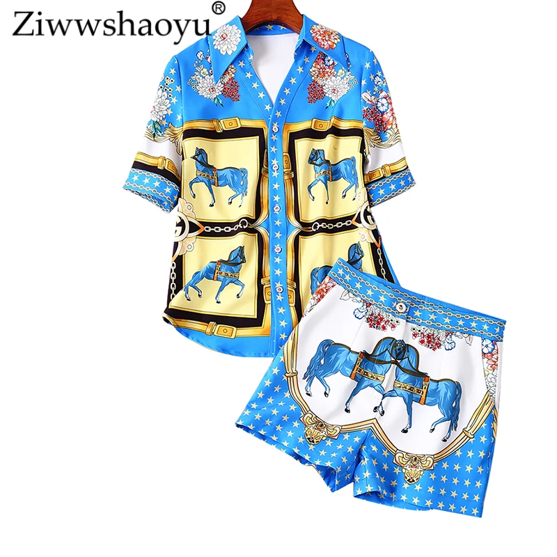 Ziwwshaoyu, винтажный комплект с принтом, рубашка с коротким рукавом и отложным воротником+ шорты в стиле ампир, модный тонкий комплект, Летний женский