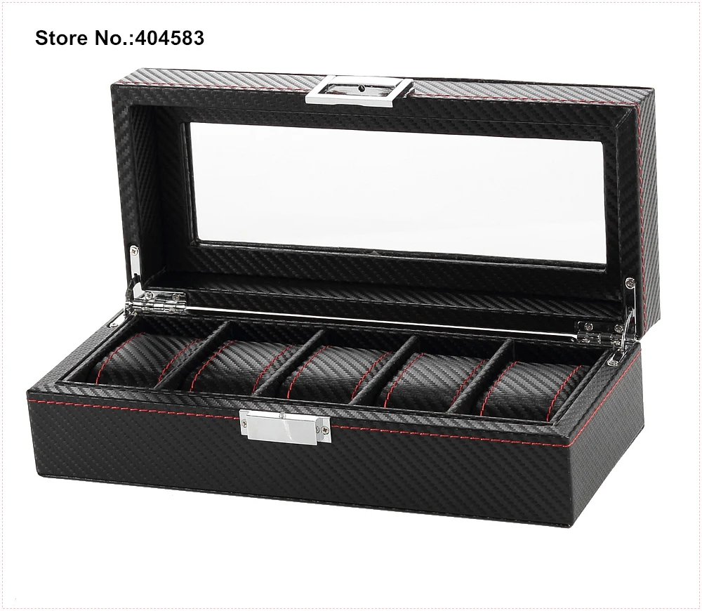 

New Lockable Red Sewing Carbon Fiber Black PU Leather Luxury Jewelry Watch Storage Display Packaging Gift Box