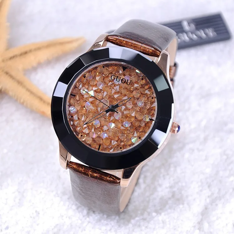 Женские часы со стразами GUOU фирменные из керамической кожи с кожаным ремешком |