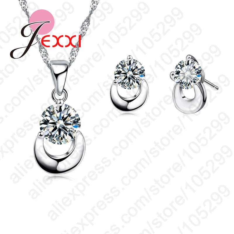 

Hot Elegant 925 Sterling Silver Shiny Crystals Jewelry Sets Pendant Necklace Stud Earrings Set For Women Wedding