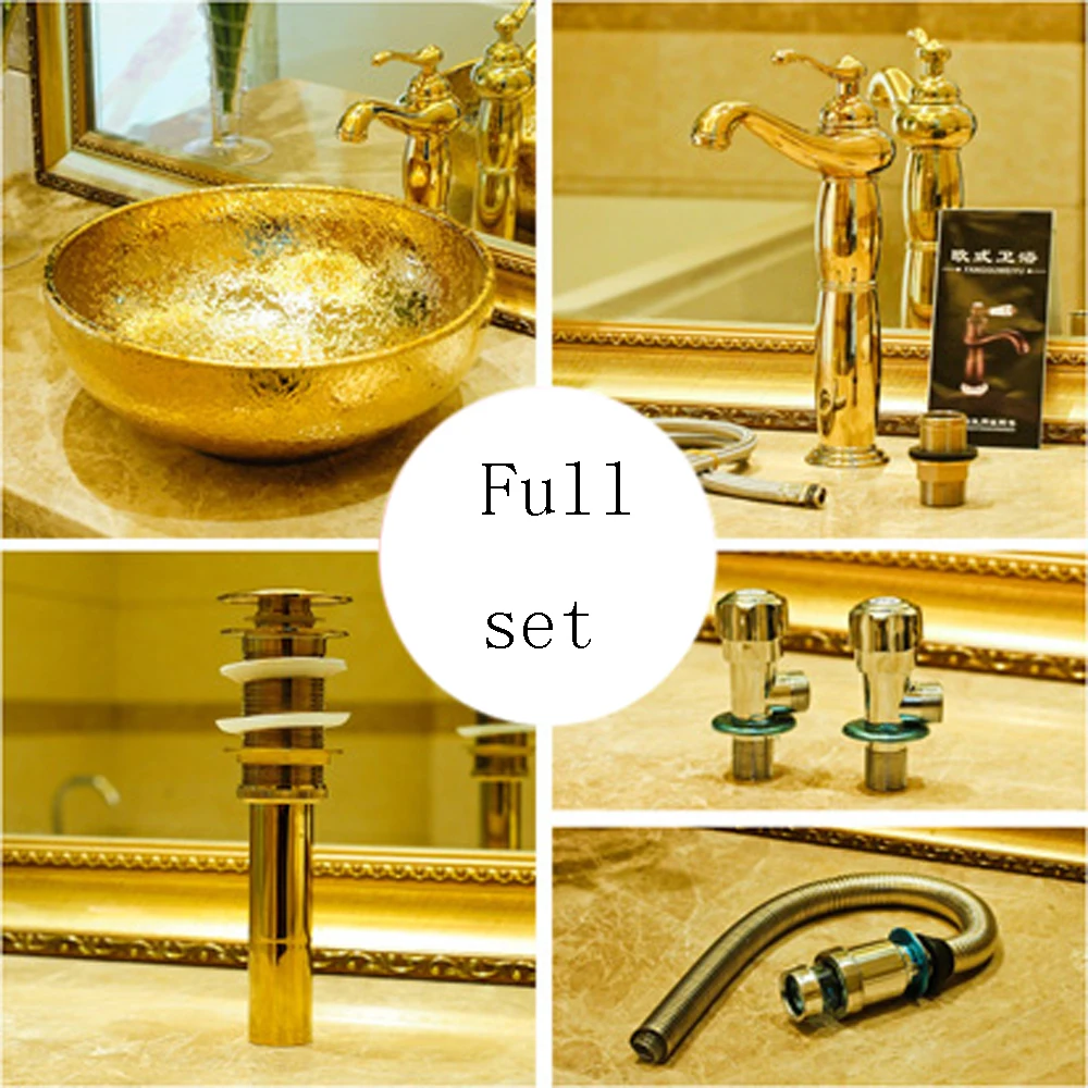 Sink With faucet Золотой художественный Европейский Винтажный стиль искусство керамический умывальник столешница Умывальник Раковины-чаши для ванной комнаты LO613413 - Цвет: Sink With faucet