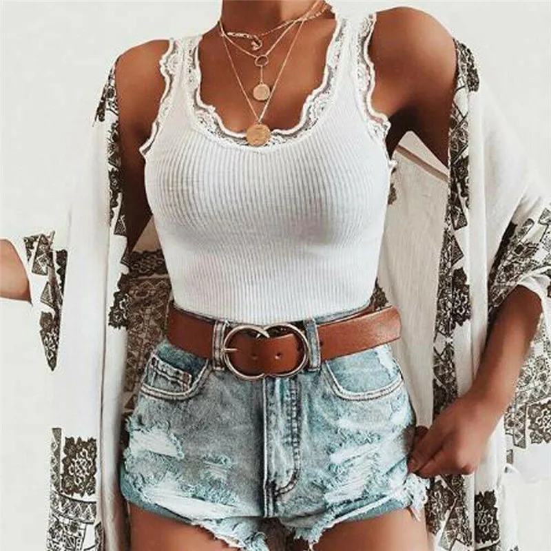 Женская кружевная жилетка без рукавов Повседневная летняя пляжная блузка белого