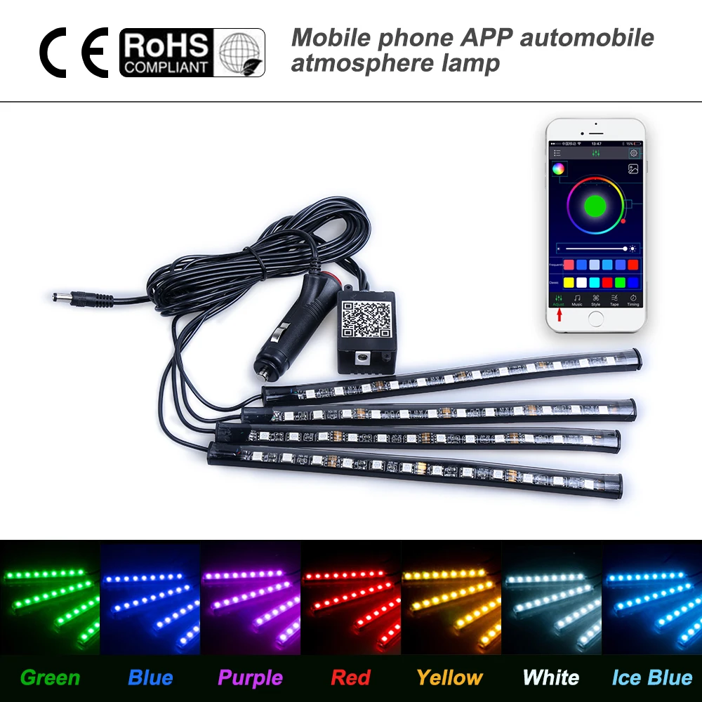 Автомобильная полоса RGB LED Atmosphere DRL Strip Light с пультом дистанционного управления/музыкой/голосом для украшения внутреннего пола автомобиля и подсветки сигаретника.