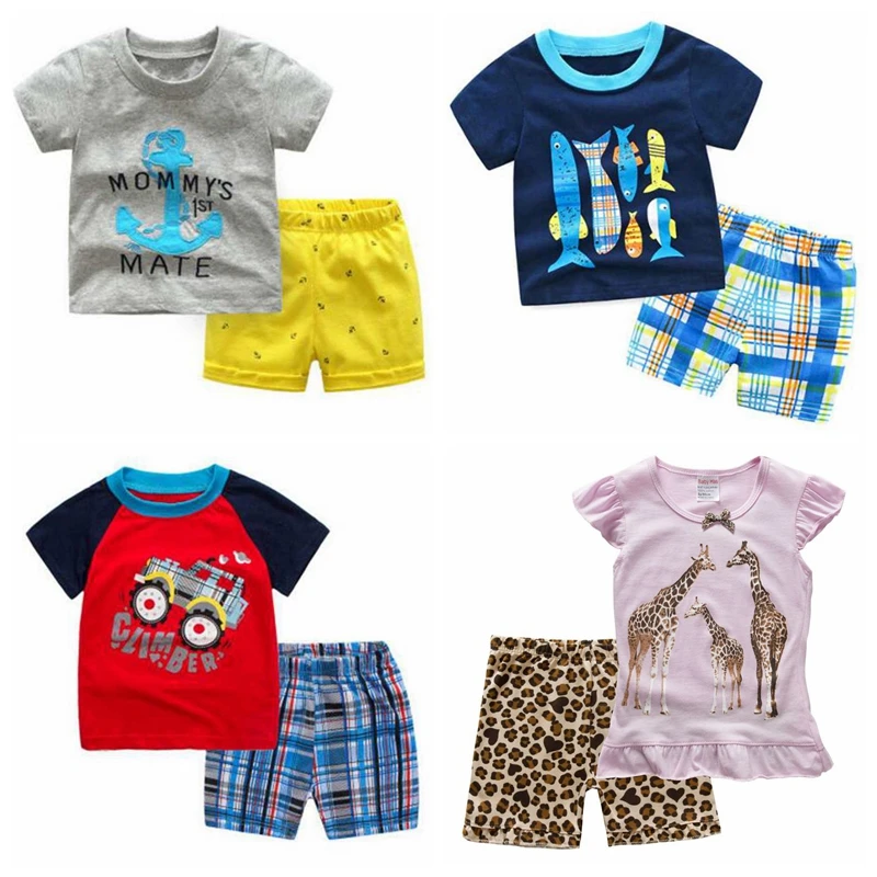 Летняя одежда для мальчиков топ с мультяшным рисунком + шорты детская спортивный
