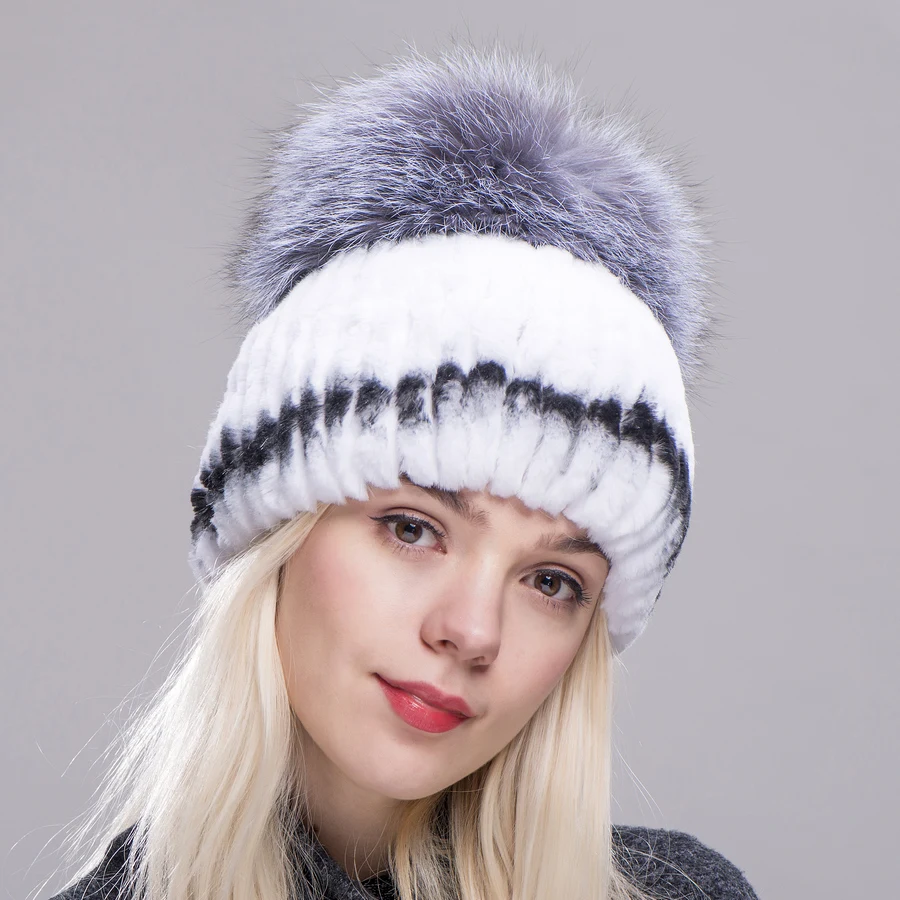 ZDFURS* зимняя меховая шапка для взрослых из кролика рекс для женщин с лисьими помпонами, вязаные шапки-бини, новые Брендовые повседневные Шапки хорошего качества