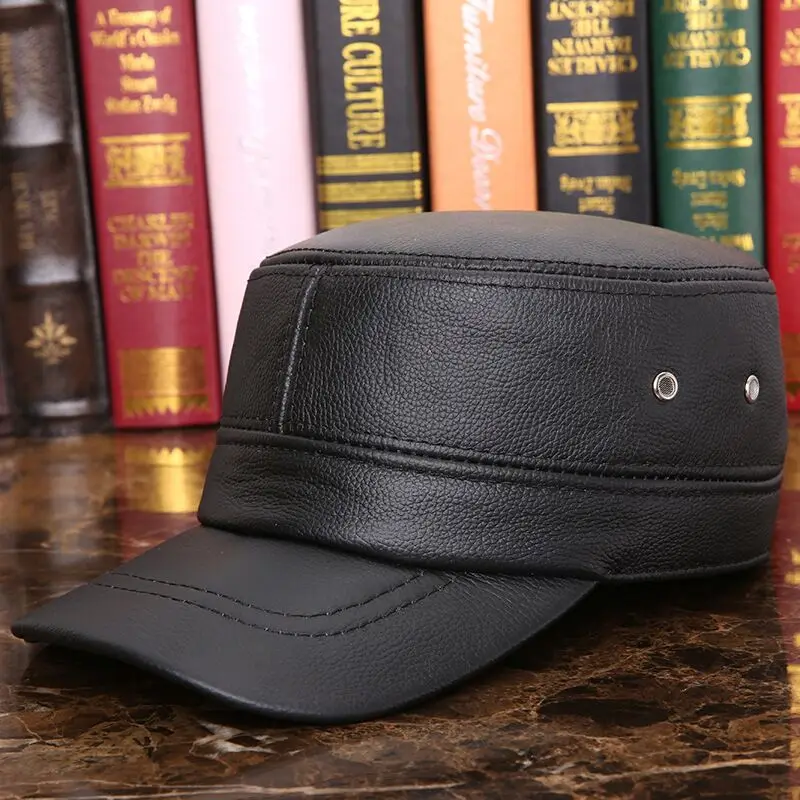Black Wuaumx телячья кожа военной Шапки Для мужчин зима теплая Earflap натуральной воловьей кожи шляпа коровьей потолок наушники плоским Бейсбол Кепки шапка мужская зимняя шапка зимняя женская черная кепка мужская кепка - Цвет: Black