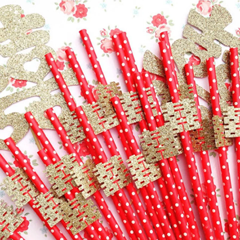 

Chinese National Style Paper Straws For Wedding Festive Red Drinking Straws Engagement Decoration Party Supplies ST002