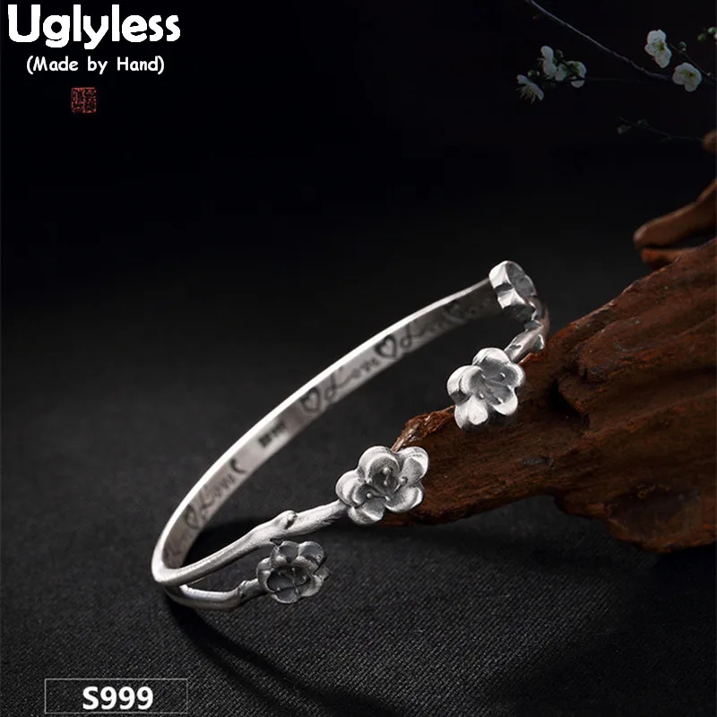 

Uglyless S999 серебряные Изящные Ювелирные изделия романтические цветочные Браслеты Этнические сливы женские платья браслеты с двойной гравиро...