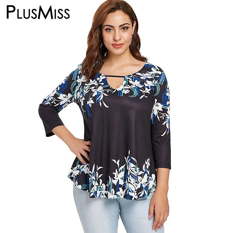 PlusMiss плюс размер 5XL L с цветочным принтом Футболки туники женские весна 2018 Boho