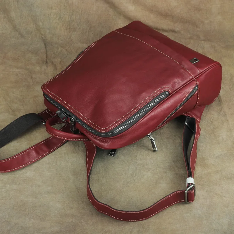 Nesitu High Quality New A4 Vintage Red Brown Genuine Leather Women's Backpack Female Girl Lady Travel Bags M002