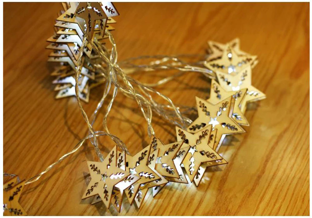 Wooden Star LED String Light Outdoor Waterproof Holiday Lights Battery Operated Fairy Christmas Garland Decoration JQ