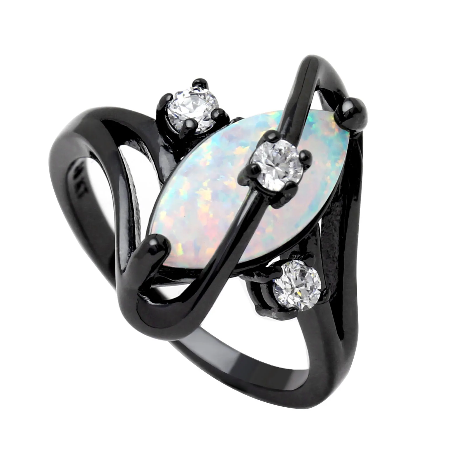 Женское кольцо с черным покрытием кольца перекрёстным огненным опалом маркиза