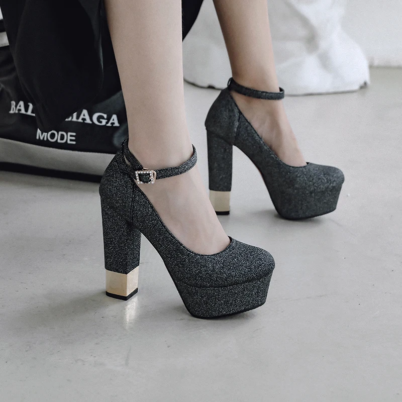

WETKISS Mary Janes Pumps Women High Heels Thick Sequined Pumps Square Toe Bling Shoes Female Wedding Platform Shoes Autumn 2019
