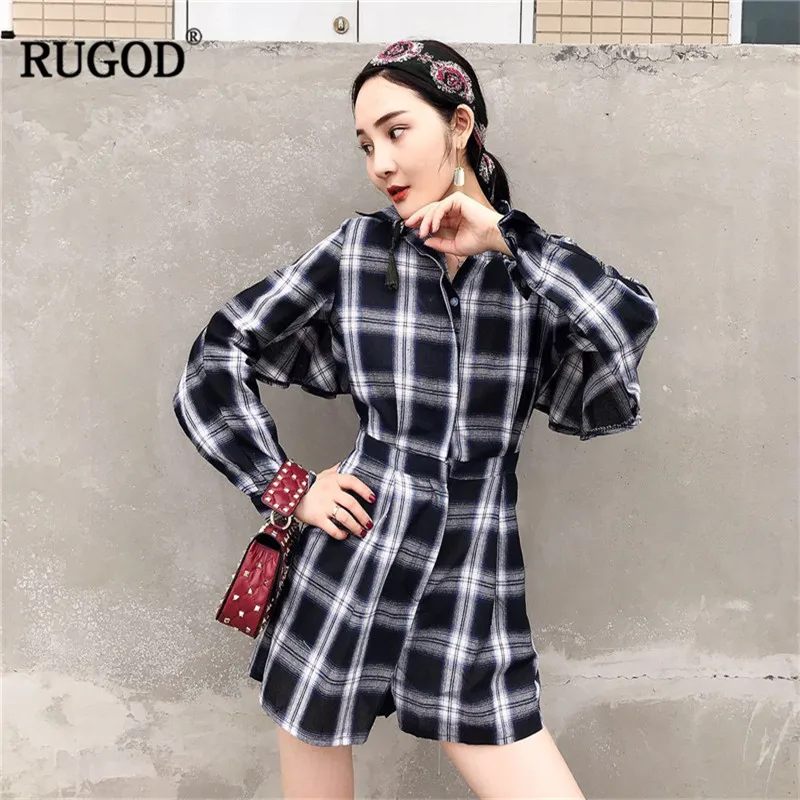 Женский винтажный костюм RUGOD клетчатый с длинными рукавами и короткими штанами в