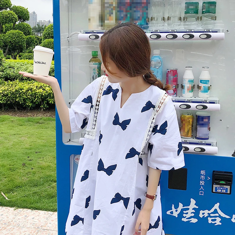 sweet summer new v-neck short sleeve lace hollow out bow print straight mini-dress fashion brand Korean style Women's Clothing | Женская