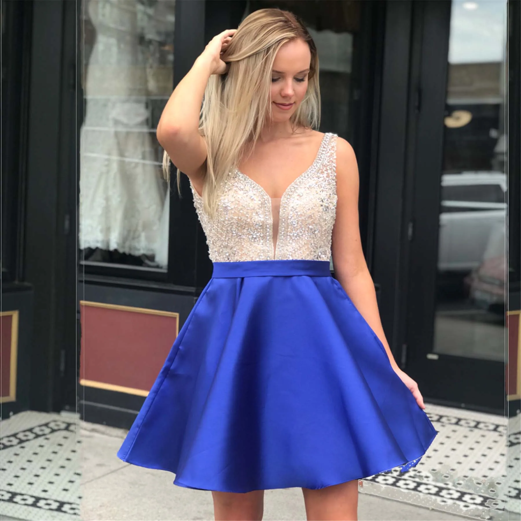 Royal Blue Baijinbay Sparking Бисероплетение платье для выпускного вечера Vestido De Formatura Curto Sheer v-образным вырезом атласные Короткие платья для выпускного на молнии сзади - Цвет: Royal Blue