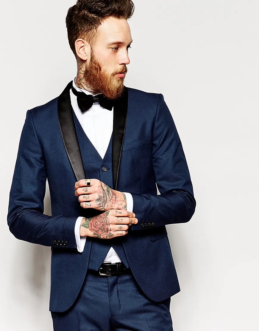 Индивидуальный заказ смокинг жениха Темно синие Groomsmen шаль нагрудные