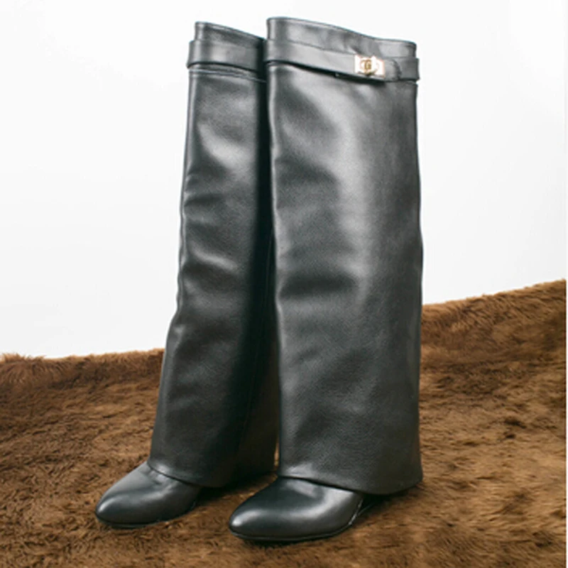 Новые металлические Shark Lock Низкий каблук Сапоги до колена Женская дизайнерская