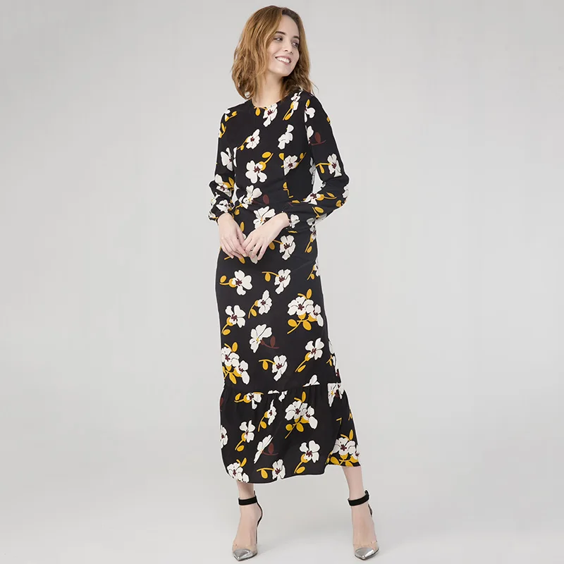 Шелковое платье ESCALIER длинное элегантное с длинным рукавом-фонариком и большим