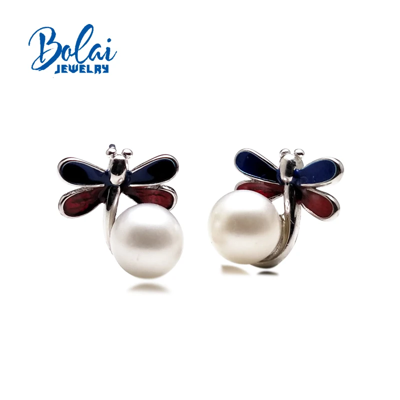 Bolaijewelry, жемчужные серьги-гвоздики круглый 7,0 мм Стрекоза простой дизайн 925 стерлингового серебра ювелирные украшения для девочек подарок на день рождения
