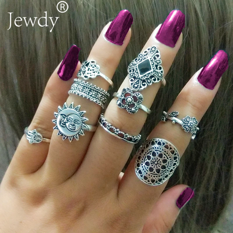 

9PCS/Lot Sun & Moon Clover Finger Ring Set for Women Punk Vintage Tibetan Fatima Hand Knuckle Rings Party Jewelry Accessories