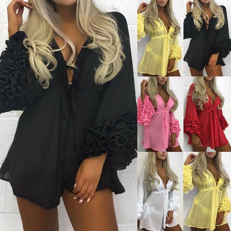Для женщин пикантные пляжные Cover-up Long Puff нарукавники до Купальный костюм Для женщин Летний пляж купальники Туника халат Купальник Cover Up