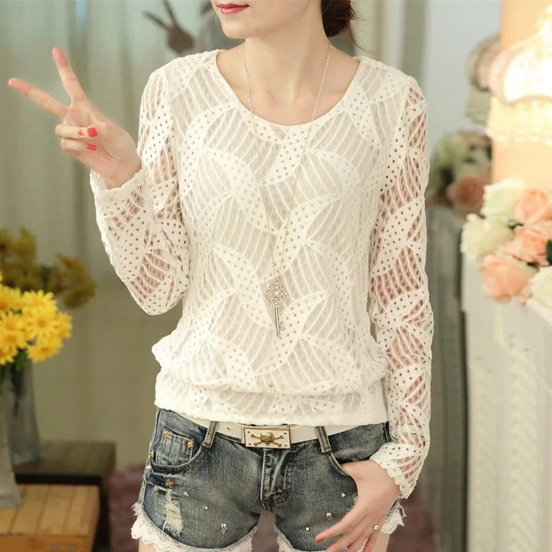 2018 летние элегантные белые кружевные блузки из шифона женские с длинным рукавом
