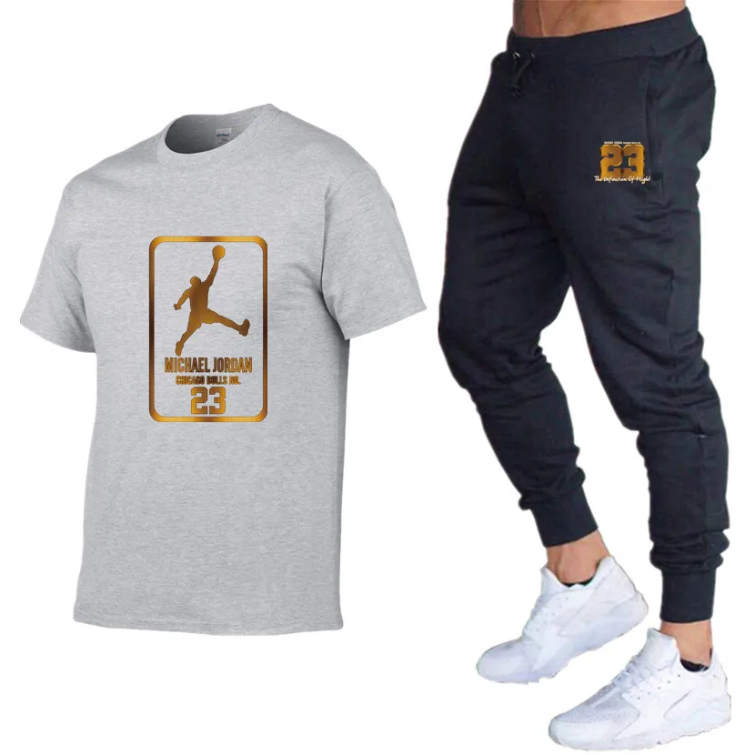 Качественные Брендовые мужские комплекты Jordan 23 футболки+ брюки Мужская брендовая одежда костюм из двух предметов спортивный костюм футболки спортивные залы тренировка набор для фитнеса - Цвет: Lght gray 80
