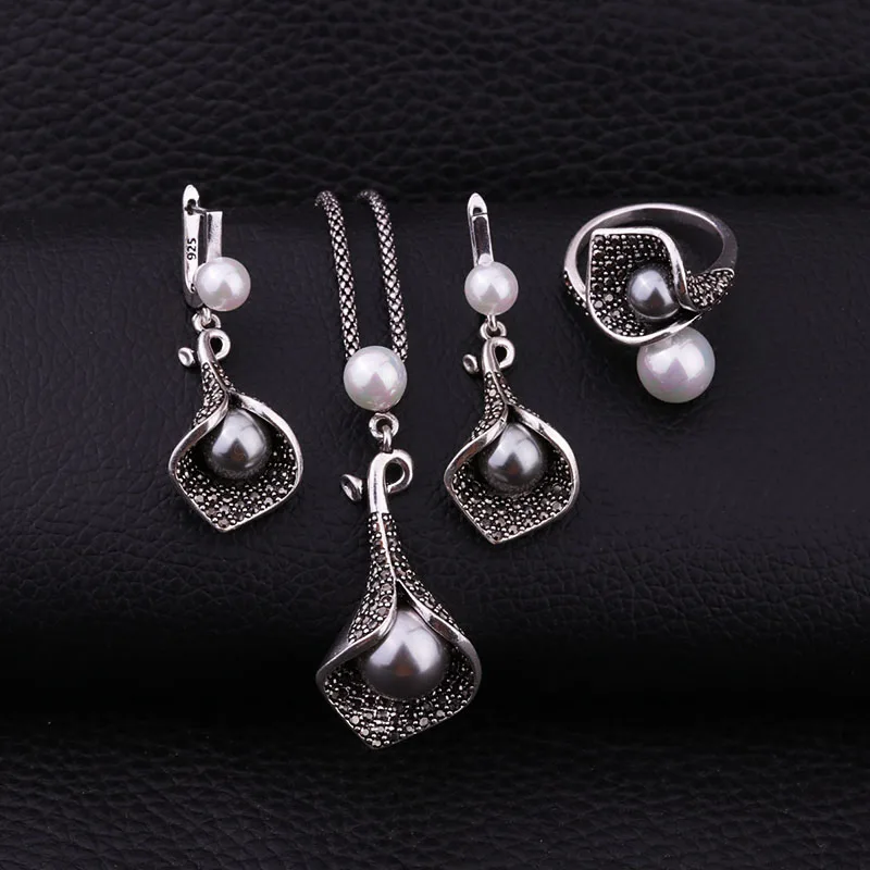 Комплект из колье серёг и кольца с искусственным жемчугом|imitation pearl jewelry set|pearl