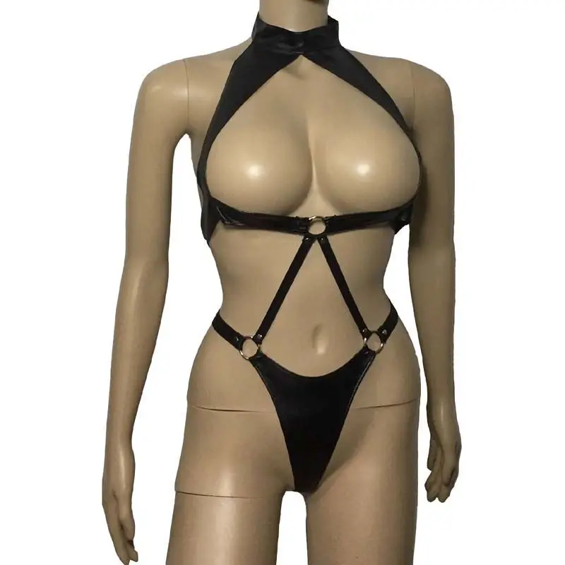 Женский сексуальный боди из искусственной кожи с обнаженной грудью купальник