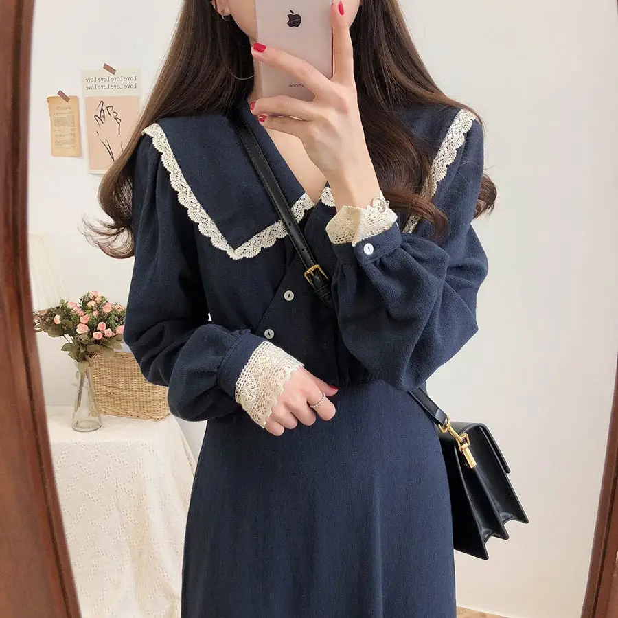 Коллекция года, Новое поступление, S-XL-весеннее кружевное платье для девочек, повседневное, бохо, OL, повседневное, синее, с длинным рукавом, женские платья, женское платье, брекеты, robe Femme Vestido