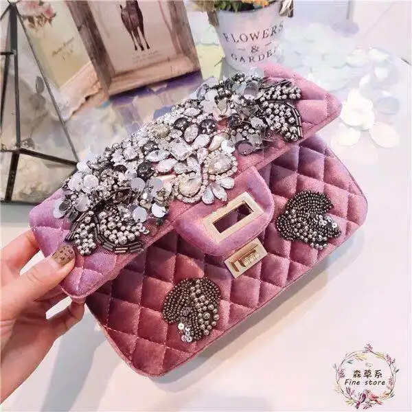 Новинка весны 2019 бархатная сумка с блестками ромбовидная smallsquare ретро цепочка